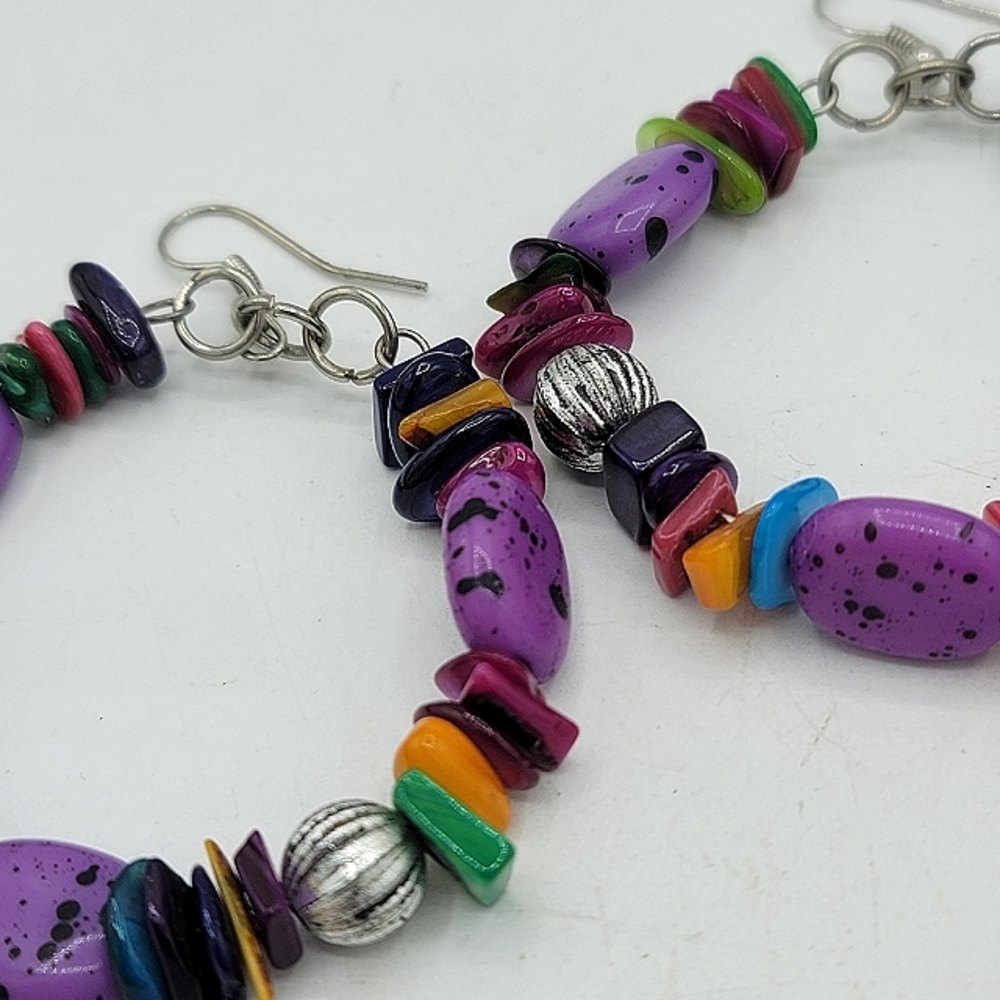 Beaded Multicolor French Hook Dangle Hoop Earrings Boho 90s Vintage - Picture 3 of 7